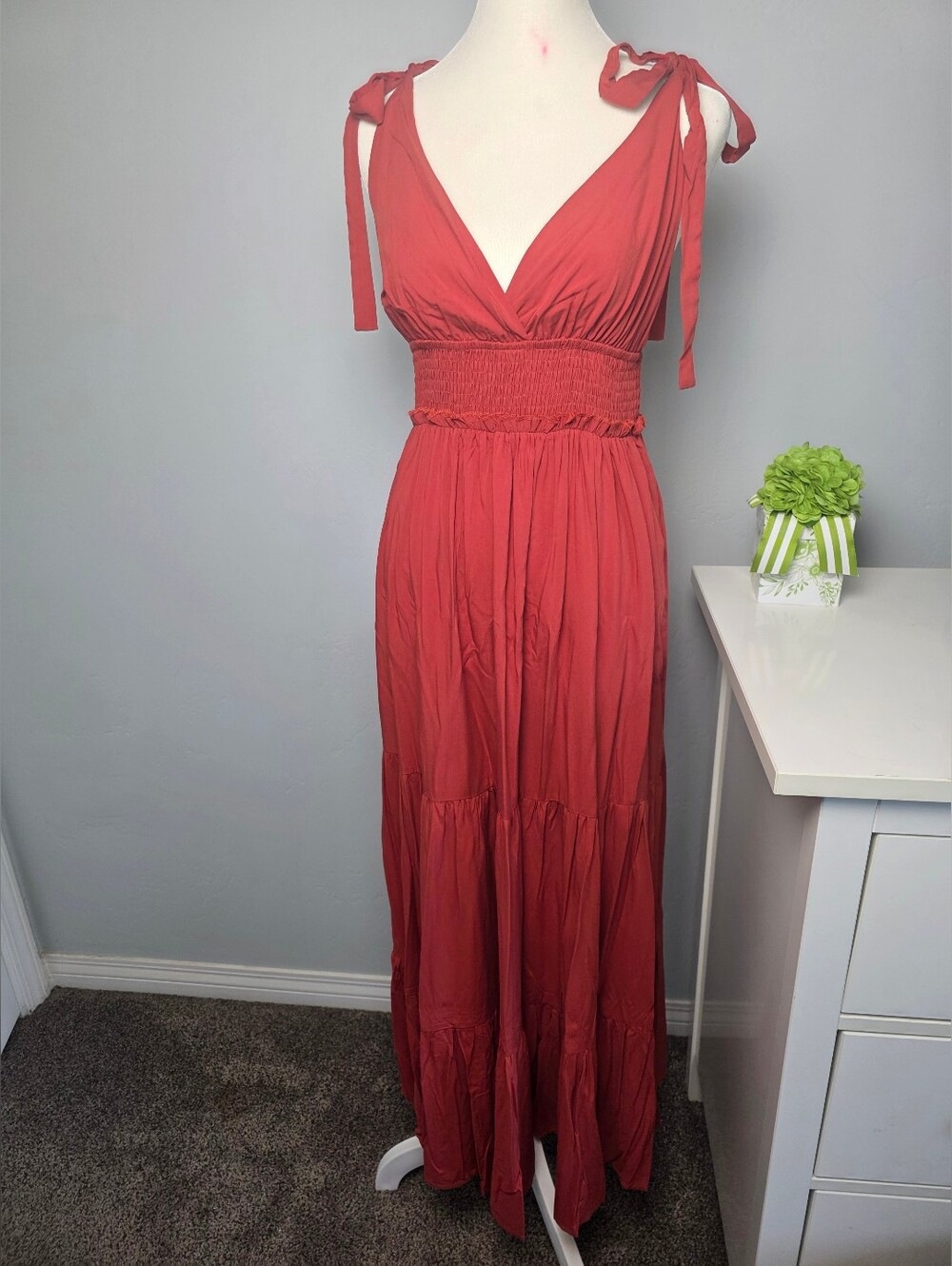 Burnt Orange Tie Strap Smocked Boho Maxi Dress Tiered Dress
